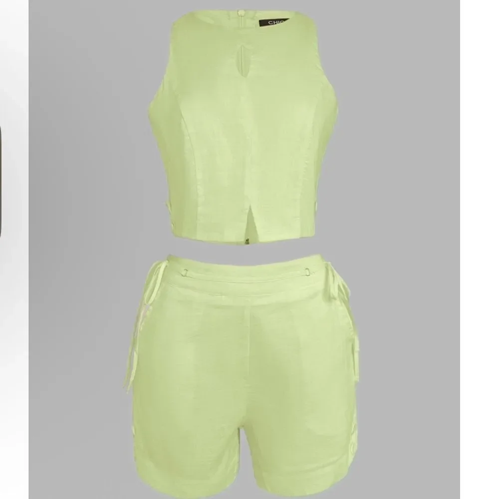 NIP Green Halter Sleeveless Hollow-out Crop Tank Drawstring Short Set Size L - Picture 3 of 5